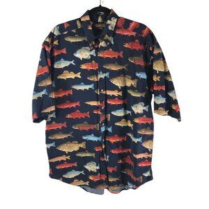 Tango by Max Raab Mens Button Down Shirt Novelty Fish Print Cotton Navy Blue XL